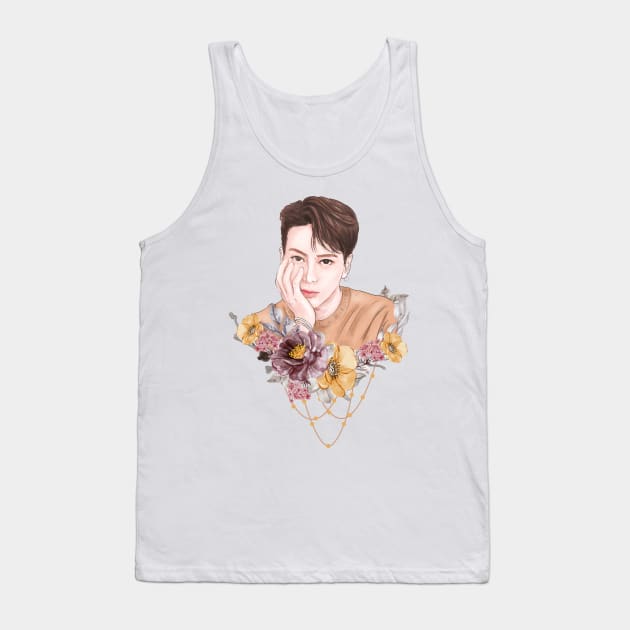 Brushed with Beauty: A Jackson Wang Fanart with Vintage-Inspired Florals Tank Top by Rakusumi Art